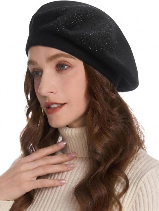 Women\'s French Beret Hat Reversible Knitted Thickened Warm Cap Solid Black main image 6